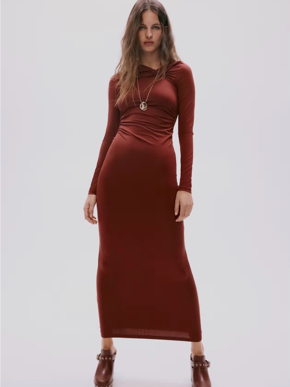 H&M NWT Long-Sleeve Maxi Draped Jersey Dress in Rust Brown